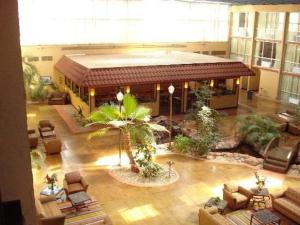 a large lobby with a building with a palm tree at Lubbock Regency Inn in Lubbock
