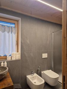 a bathroom with a white toilet and a sink at Agriturismo Belotti in Temù +89 photos