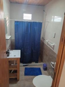 a bathroom with a blue shower curtain and a sink at Vientos de Olavarria -Alquiler temporal in Olavarría +29 photos