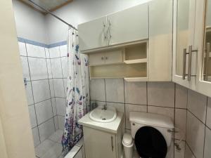 a small bathroom with a toilet and a sink at Rest a While in San Juan