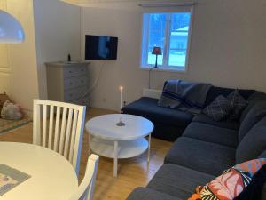 a living room with a couch and a table at Huså Herrgård in Järpen