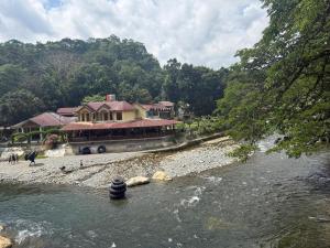 a building on the shore of a river next to a river gmaxwell at Jungle life guesthouse Trekking & Transport Book with us in Bukit Lawang
