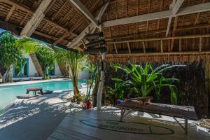 a resort pool with a bench and palm trees at Mao Mao surf in General Luna