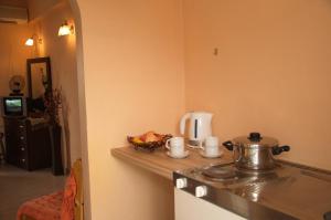 a kitchen with a counter with a pot on a stove at Athina Studios in Argasi