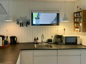 a kitchen with a sink and a microwave at Summer House 300 M From Beach in Hals