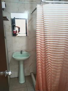 a bathroom with a shower curtain and a sink at Centro de Tacna quinto piso in Tacna