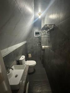 a small bathroom with a sink and a toilet at Bilza A-House in Sagada