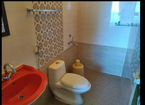 a bathroom with a red sink and a toilet at The Bowers Chalet Private Campfire & Lawn BBQ, WIFI, Breakfast Hill Top 360 degree view in Ooty