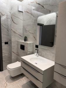 a bathroom with a sink and a toilet and a mirror at Skyline Exclusive 2 in Peje +24 photos