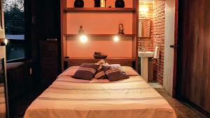 a bedroom with a bed with two pillows on it at Hotel Coyoacan in Mexico City