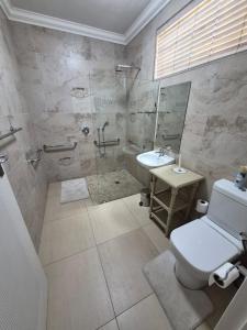 a bathroom with a shower and a toilet and a sink at Drinkwater Guest Farm in Grootgewaagd +39 photos