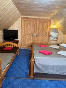 a bedroom with two beds and a tv in it at KOMFORT in Berehove