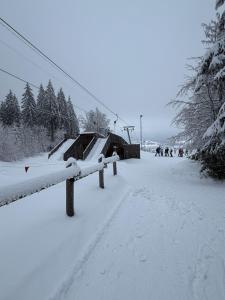 a snow covered ski slope with a ski lift at FEWO in Mehlmeisel
