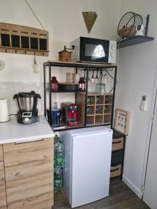 a kitchen with a white refrigerator and a shelf at Harmonie in Blésignac