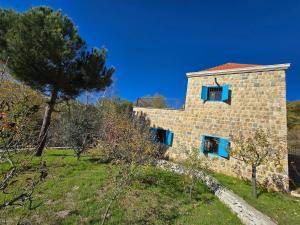 a stone house with blue windows on a hill at FARAYA à10 minutes in Ḩayy al Kanīsah