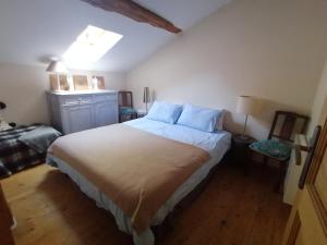a bedroom with a large bed with blue pillows at Les 3 pruniers in Cieux