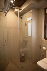 a bathroom with a glass shower with a toilet at Ara Ki Serviced Apartments in Kohīma