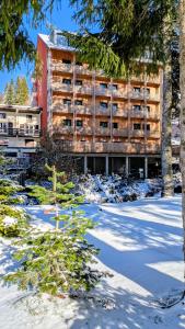 a building in the snow with trees in front at Le Rocher Du Cerf in Le Lioran