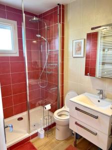 a bathroom with a shower and a toilet and a sink at Le Chapelloise Ligérienne in La Chapelle-Saint-Mesmin +25 photos