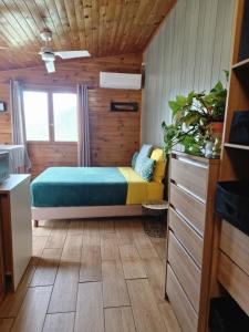 a bedroom with a bed and a window in a room at KAZBONZAMIS in Sainte-Clotilde