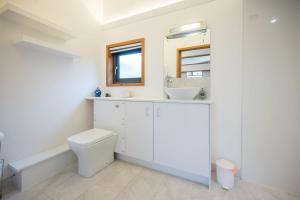 a bathroom with a toilet and a sink and a mirror at The Orchard Annexe, Framlingham in Framlingham +21 photos