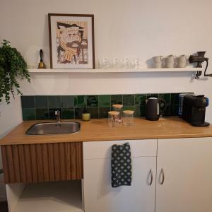 a kitchen with a sink and a wooden counter top at B en B de 8 Wieken in Oosterwolde
