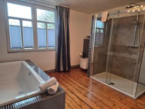 a bathroom with a shower and a sink and a tub at Stadtvilla Norden in Norden +33 photos