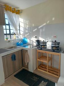 a kitchen with two pots and pans on a counter at Savannah Suites Gilgil in Gilgil