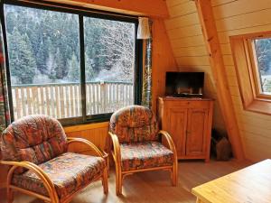 two chairs and a television in a room with a window at Chalet du Lioran in Laveissière