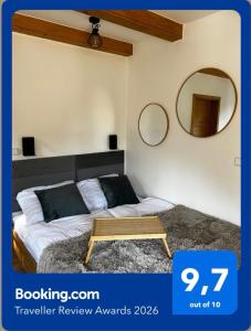 a bedroom with a bed and a mirror at Bedřichov 1717 in Bedřichov