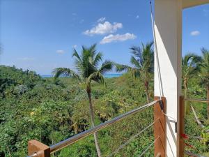 a balcony with a view of the ocean and palm trees at Apartment Mariquita in Las Terrenas