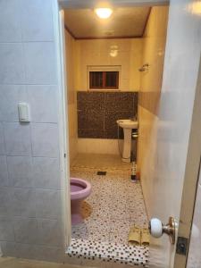 a bathroom with a pink toilet and a sink at Chenal Motel in Daegu +18 photos