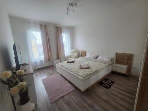 a large white bedroom with a bed and a television at 3 Apartments Angels o k b in Altenburg
