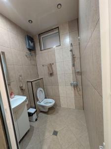 a bathroom with a toilet and a sink and a shower at Наслада in Panagyurishte