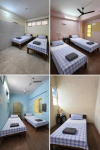 three pictures of a room with three beds in it at Nook Coliving Male Only in Lucknow