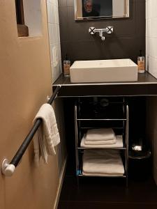a bathroom with a sink and a shelf with towels at Mosel-Studio-Apartment in Lieser