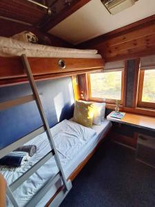 a bedroom with a bunk bed in a train at The Red Caboose Train Carriage in McGregor +56 photos