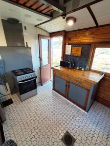a kitchen with a stove and a counter top at The Red Caboose Train Carriage in McGregor