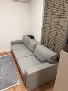 a grey couch in a room with a window at Arnhem Bouwmeesterstraat in Arnhem