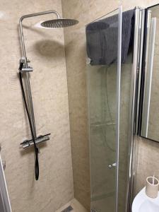 a shower with a glass door in a bathroom at Arnhem Bouwmeesterstraat in Arnhem