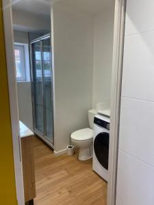 a small bathroom with a toilet and a microwave at La Grange des Pépettes ! in Saint-Germain-des-Fossés