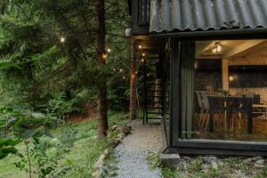a house in the woods with a table and chairs at Sturzul Negru in Păiuş
