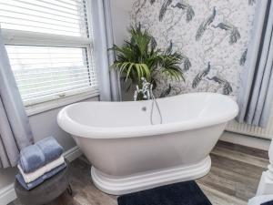 a white bath tub in a bathroom with a plant at The Wren in Colwyn Bay