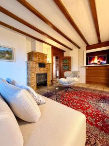 a living room with a couch and a fireplace at Chalet Apartment Faulensee in Faulensee