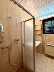 a shower with a glass door in a bathroom at Chalet Apartment Faulensee in Faulensee +17 photos