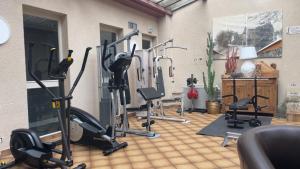 a gym with a bunch of exercise bikes in a room at Logis Hôtel Centrotel et Spa Bulles d'Allier in Montmarault