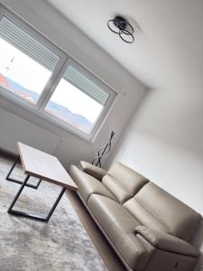 a living room with a couch and a window at Level Apartment in Kostajnica