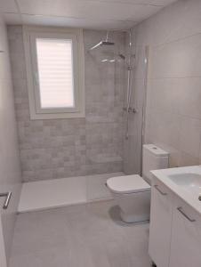 a bathroom with a shower and a toilet and a window at Iberflat Apartamentos Alfabega in Paterna