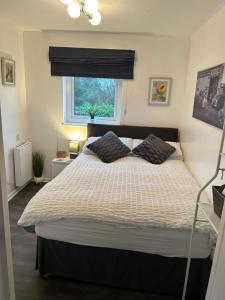 a bedroom with a bed with two pillows on it at Town Centre Apartment in Mold