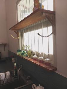 a window above a kitchen sink with plants on it at Tiny Art House with Garden in Godagama +14 photos